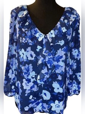 J.CREW Women's Blue Floral V-Neck Blouse, Long Sleeve, Ruffled, Lined, XS